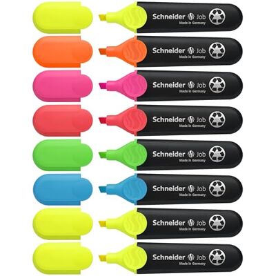 Schneider Job 150 Lot de 8 surligneurs (rechargeables et résistants à la lumière) Jaune (3x), orange, rose, vert, bleu, rouge Schneider Job 150 Lot de 8 surligneurs (rechargeables et résistants à la lumière) Jaune (3x), orange, rose, vert, bleu, rouge
