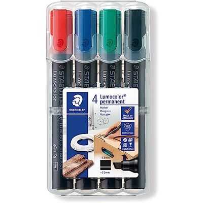 Staedtler Lumocolor 350 Permanent Markers – 4 Colours, Chisel 2–5 mm Waterproof, smear-resistant chisel-tip ink for most surfaces, DRY SAFE technology – Art.-Nr. 350 WP4 Staedtler Lumocolor 350 Permanent Markers – 4 Colours, Chisel 2–5 mm Waterproof, smear-resistant chisel-tip ink for most surfaces, DRY SAFE technology – Art.-Nr. 350 WP4