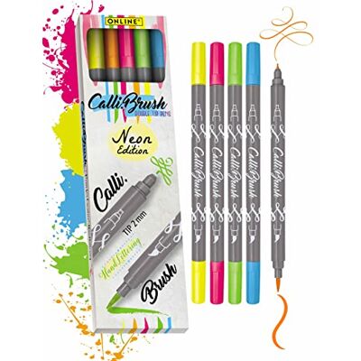 Online Parure Calli.Brush Neon, set de 5 stylos feutre calligraphie avec deux côtés (côté calligraphie de 2 mm et côté pinceau flexible) pour handlettering/bullet journaling/écriture créative Online Parure Calli.Brush Neon, set de 5 stylos feutre calligraphie avec deux côtés (côté calligraphie de 2 mm et côté pinceau flexible) pour handlettering/bullet journaling/écriture créative