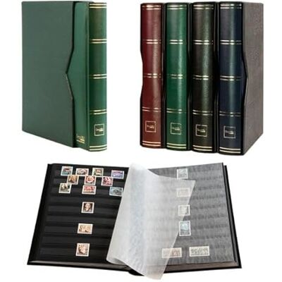 Prophila Collection Album de timbres 64 pages noires matelassées avec cassette et couverture verte Prophila Collection Album de timbres 64 pages noires matelassées avec cassette et couverture verte
