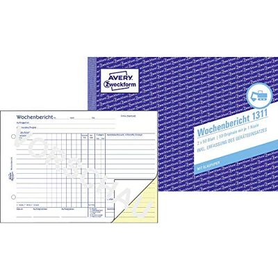 Avery 1311 Rapport hebdomadaire (A5 en croix, avec 2 feuilles de papier bleu, testé par des experts juridiques, pour l'Allemagne/l'Autriche pour la documentation hebdomadaire des performances de travail, 2 x 50 feuilles) blanc/jaune Avery 1311 Rapport hebdomadaire (A5 en croix, avec 2 feuilles de papier bleu, testé par des experts juridiques, pour l'Allemagne/l'Autriche pour la documentation hebdomadaire des performances de travail, 2 x 50 feuilles) blanc/jaune