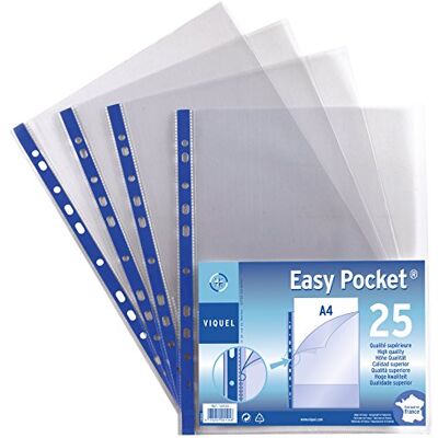 Viquel Lot de 25 pochettes perforées A4 en plastique Ouverture en coin Pochettes transparentes Bord renforcé Fabriqué en France Viquel Lot de 25 pochettes perforées A4 en plastique Ouverture en coin Pochettes transparentes Bord renforcé Fabriqué en France