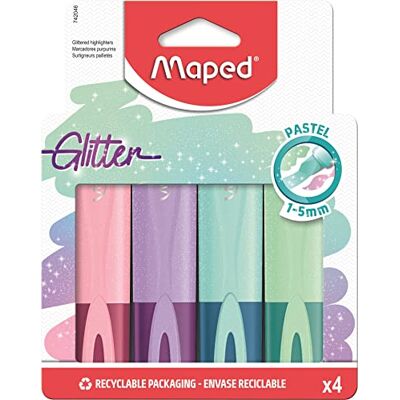 Maped Surligneurs Paillettes x 4 Pointe Biseautée 1 à 5mm Lot de 4 Couleurs Pastel Emballage Carton 100% Recyclable Maped Surligneurs Paillettes x 4 Pointe Biseautée 1 à 5mm Lot de 4 Couleurs Pastel Emballage Carton 100% Recyclable