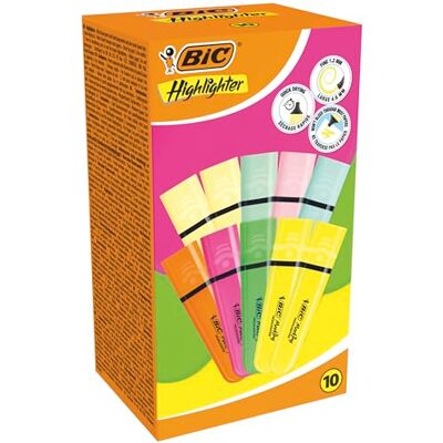 BIC Surligneurs Marking Flat avec Pointe Biseautée Modulable (1,2 mm-4,6 mm) Assortiment de Couleurs Fluo et Pastel, Pack de 10 BIC Surligneurs Marking Flat avec Pointe Biseautée Modulable (1,2 mm-4,6 mm) Assortiment de Couleurs Fluo et Pastel, Pack de 10