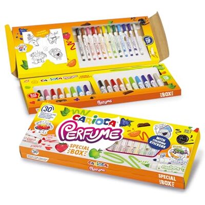 CARIOCA Set spécial de marqueurs parfumés Contient 30 feutres parfumés avec autocollants de coloriage Couleurs assorties Encre lavable et pointe bloquée CARIOCA Set spécial de marqueurs parfumés Contient 30 feutres parfumés avec autocollants de coloriage Couleurs assorties Encre lavable et pointe bloquée