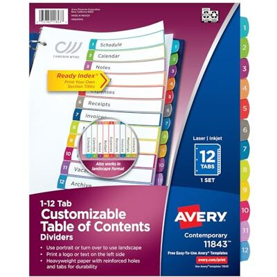 Avery 12 intercalaires pour classeurs à 3 anneaux, table des matières personnalisable, onglets multicolores, 1 jeu (11843) Avery 12 intercalaires pour classeurs à 3 anneaux, table des matières personnalisable, onglets multicolores, 1 jeu (11843)
