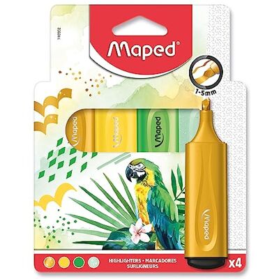 Maped 4 Surligneurs Fluo'Peps Pointe Biseautée Surligneurs Longue Durée Usage Scolaire et Professionnel Surligneurs Pastel, Fluos et Encre à Paillettes Thème Tropical Jaune/Vert Maped 4 Surligneurs Fluo'Peps Pointe Biseautée Surligneurs Longue Durée Usage Scolaire et Professionnel Surligneurs Pastel, Fluos et Encre à Paillettes Thème Tropical Jaune/Vert