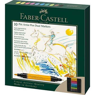 Faber-Castell 162010 Pitt Artist Pen Dual Marker Stylo à encre de chine, avec deux pointes, une pointe pinceau et une pointe en fibre recouverte de métal, étui en carton de 10 Faber-Castell 162010 Pitt Artist Pen Dual Marker Stylo à encre de chine, avec deux pointes, une pointe pinceau et une pointe en fibre recouverte de métal, étui en carton de 10