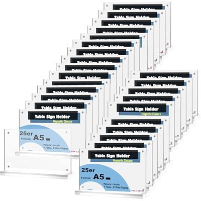 TUKA-i-AKUT Lot de 25 supports de table en acrylique paysage A5, fermeture magnétique, support de panneau double face, support de table, support de table en T, carte de menu publicitaire, affiche TUKA-i-AKUT Lot de 25 supports de table en acrylique paysage A5, fermeture magnétique, support de panneau double face, support de table, support de table en T, carte de menu publicitaire, affiche