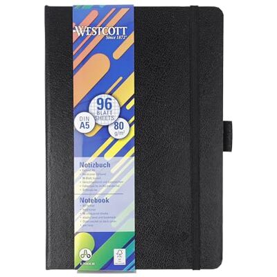 Westcott Carnet de notes format A5 quadrillé 192 pages avec couverture rigide élégante Papier FSC Mix durable 80 g/m² Avec poche intérieure, marque-page, élastique et porte-stylo E-744836 00 Westcott Carnet de notes format A5 quadrillé 192 pages avec couverture rigide élégante Papier FSC Mix durable 80 g/m² Avec poche intérieure, marque-page, élastique et porte-stylo E-744836 00