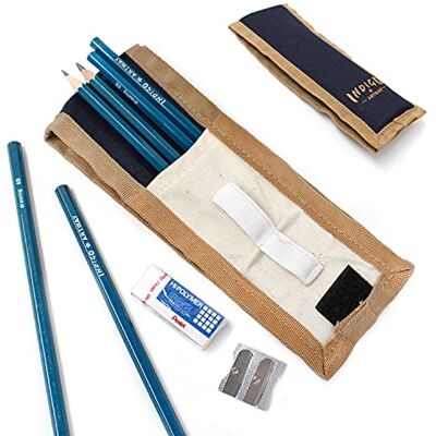 Artway Indigo Lot de 6 crayons graphite classés (HB-10B), porte-crayons, gomme Pentel et taille-crayon en métal Artway Indigo Lot de 6 crayons graphite classés (HB-10B), porte-crayons, gomme Pentel et taille-crayon en métal
