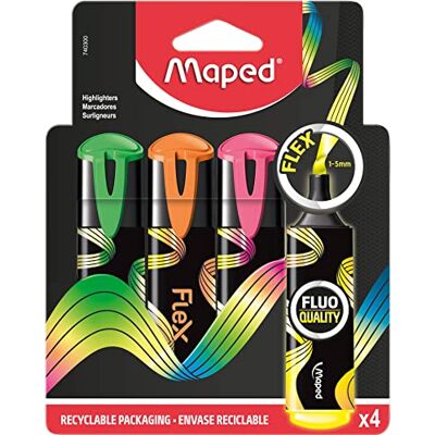 Maped 4 Surligneurs Fluo Peps Flex Pointe Douce Flexible Confort d'Écriture sur Tous Types de Papier Couleurs Lumineuses Jaune + Vert + Rose + Orange Maped 4 Surligneurs Fluo Peps Flex Pointe Douce Flexible Confort d'Écriture sur Tous Types de Papier Couleurs Lumineuses Jaune + Vert + Rose + Orange