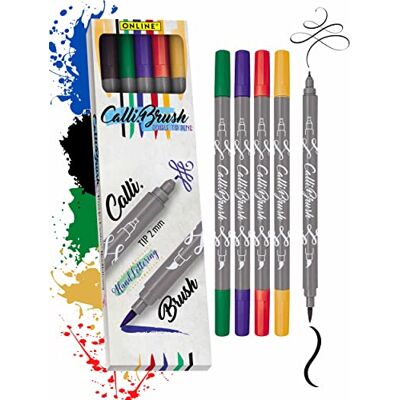 Online Parure Calli.Brush Classic, set de 5 stylos feutre calligraphie avec deux côtés (côté calligraphie de 2 mm et côté pinceau flexible) pour handlettering/bullet journaling/écriture créative Online Parure Calli.Brush Classic, set de 5 stylos feutre calligraphie avec deux côtés (côté calligraphie de 2 mm et côté pinceau flexible) pour handlettering/bullet journaling/écriture créative