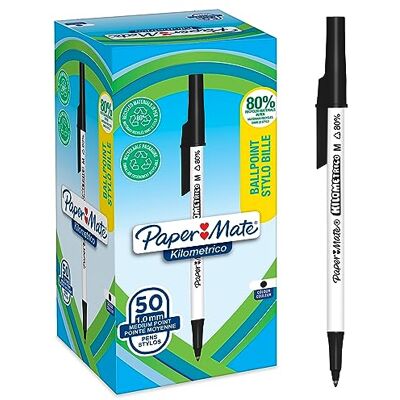 Paper Mate Stylos bille Kilometrico Pointe moyenne (1,0 mm) longue durée Encre noire 80% de plastique recyclé 50 unités Paper Mate Stylos bille Kilometrico Pointe moyenne (1,0 mm) longue durée Encre noire 80% de plastique recyclé 50 unités