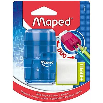Maped Matériel scolaire Duo taille-crayon + gomme Connect 2 trous pour aiguiser Taille-crayon avec gomme Compartiment pour copeaux Comprend une gomme de rechange 3 designs translucides Maped Matériel scolaire Duo taille-crayon + gomme Connect 2 trous pour aiguiser Taille-crayon avec gomme Compartiment pour copeaux Comprend une gomme de rechange 3 designs translucides