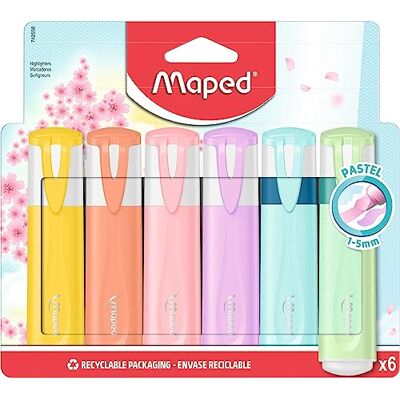 Maped 6 surligneurs Fluo'Peps Pastel + Glitter Pointe biseautée - Usage scolaire et professionnel Maped 6 surligneurs Fluo'Peps Pastel + Glitter Pointe biseautée - Usage scolaire et professionnel