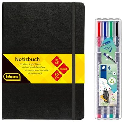 Idena 90328 Carnet de notes format A5 avec 192 pages blanches + 4 feutres fins STAEDTLER Triplus à pointe superfine sertie de métal 0,3 mm Idena 90328 Carnet de notes format A5 avec 192 pages blanches + 4 feutres fins STAEDTLER Triplus à pointe superfine sertie de métal 0,3 mm
