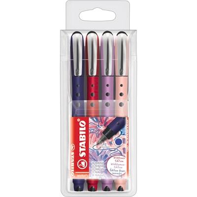 STABILO stylo-roller worker+ NatureCOLORS Wildflower Pochette x 4 encre bleue coloris de corps assortis : rouge dahlia, bleu chardon, mauve glycine, rose pivoine STABILO stylo-roller worker+ NatureCOLORS Wildflower Pochette x 4 encre bleue coloris de corps assortis : rouge dahlia, bleu chardon, mauve glycine, rose pivoine