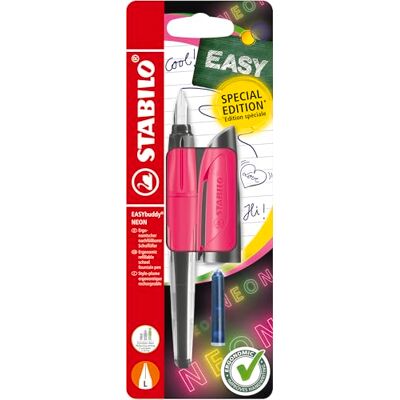 STABILO Stylo-plume scolaire EASYbuddy NEON Blister x 1 plume L spéciale gaucher cartouche d'encre bleue incluse corps rose fluo STABILO Stylo-plume scolaire EASYbuddy NEON Blister x 1 plume L spéciale gaucher cartouche d'encre bleue incluse corps rose fluo