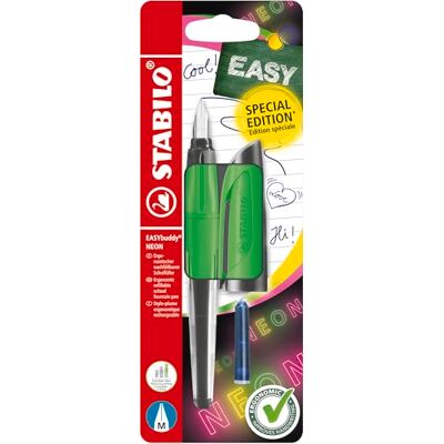STABILO Stylo-plume scolaire EASYbuddy NEON Blister x 1 plume M pour tous cartouche d'encre bleue incluse corps vert fluo STABILO Stylo-plume scolaire EASYbuddy NEON Blister x 1 plume M pour tous cartouche d'encre bleue incluse corps vert fluo