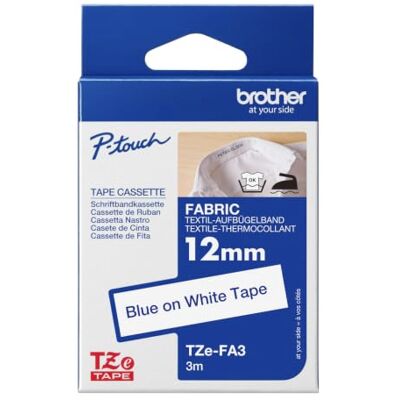 Brother TZe-FA3 P-touch Ruban à repasser en tissu lavable pour P-touch H200, H100LB/R, H105, E100/VP, D200/BW/VP, lavable et nettoyage à sec Bleu sur blanc 12 mm x 3 m Brother TZe-FA3 P-touch Ruban à repasser en tissu lavable pour P-touch H200, H100LB/R, H105, E100/VP, D200/BW/VP, lavable et nettoyage à sec Bleu sur blanc 12 mm x 3 m