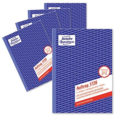 Avery 1726–5 Commande, DIN A5, autocopiant, 3 x 40 feuilles/Lot de 5, blanc, jaune, rose Avery 1726–5 Commande, DIN A5, autocopiant, 3 x 40 feuilles/Lot de 5, blanc, jaune, rose