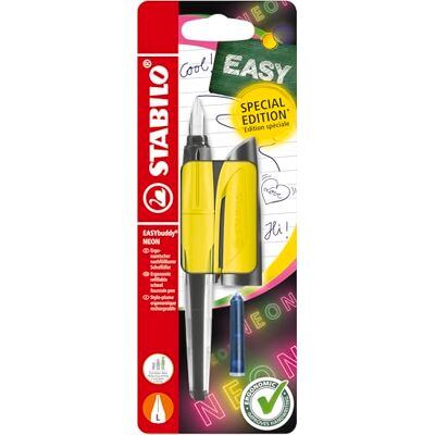 STABILO Stylo-plume scolaire EASYbuddy NEON Blister x 1 plume L spéciale gaucher cartouche d'encre bleue incluse corps jaune fluo STABILO Stylo-plume scolaire EASYbuddy NEON Blister x 1 plume L spéciale gaucher cartouche d'encre bleue incluse corps jaune fluo