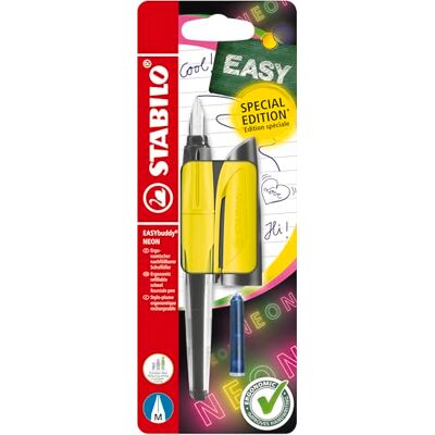 STABILO Stylo-plume scolaire EASYbuddy NEON Blister x 1 plume M pour tous cartouche d'encre bleue incluse corps jaune fluo STABILO Stylo-plume scolaire EASYbuddy NEON Blister x 1 plume M pour tous cartouche d'encre bleue incluse corps jaune fluo