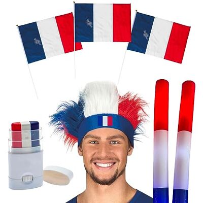 SPARKLERS CLUB Kit Supporter France Allez les Bleus 7 Accessoires, 1 Coiffe Chevelue, 1 Maquillage à bande Bleu Blanc Rouge, 3 Drapeaux France + Baguette 30x45cm, 2 Batons LED Tricolores FOOTBALL / RUGBY / FOOT SPARKLERS CLUB Kit Supporter France Allez les Bleus 7 Accessoires, 1 Coiffe Chevelue, 1 Maquillage à bande Bleu Blanc Rouge, 3 Drapeaux France + Baguette 30x45cm, 2 Batons LED Tricolores FOOTBALL / RUGBY / FOOT