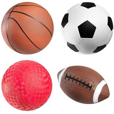PlayBolt Ballons de sport pour enfants (lot de 4) de 12,7 cm : football américain, ballon de foot, basket et ballon de jeu, jouets amusants pour l’intérieur et l’extérieur, avec pompe à main incluse PlayBolt Ballons de sport pour enfants (lot de 4) de 12,7 cm : football américain, ballon de foot, basket et ballon de jeu, jouets amusants pour l’intérieur et l’extérieur, avec pompe à main incluse