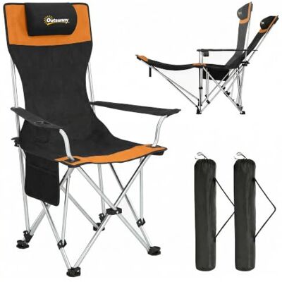 Outsunny Chaise de camping pliante inclinable set de 2 orange et noir Repose-pieds amovible, sac de rangement, porte-gobelet & appuie-tête, chaises camping portables, plage, pique-nique Outsunny Chaise de camping pliante inclinable set de 2 orange et noir Repose-pieds amovible, sac de rangement, porte-gobelet & appuie-tête, chaises camping portables, plage, pique-nique