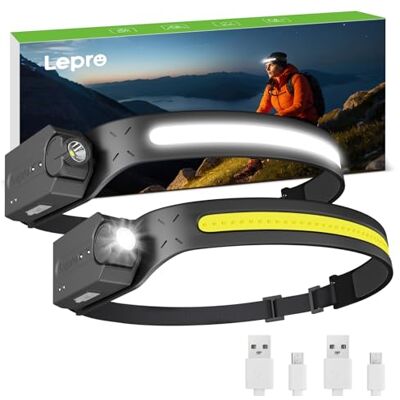 Lepro Lot de 2 lampes frontales LED rechargeables, super lumineuses, faisceau large de 230° avec spot réglable, détecteur de mouvement, phare étanche et léger pour camping, cyclisme, course à pied Lepro Lot de 2 lampes frontales LED rechargeables, super lumineuses, faisceau large de 230° avec spot réglable, détecteur de mouvement, phare étanche et léger pour camping, cyclisme, course à pied