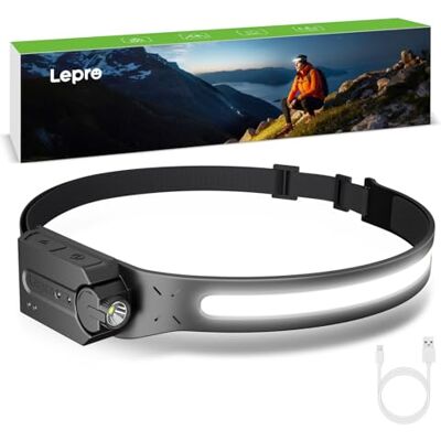 Lepro Lampe frontale LED super lumineuse rechargeable avec faisceau large de 230 °, projecteur réglable, détecteur de mouvement, 5 modes, étanche et léger pour le camping et la course à pied Lepro Lampe frontale LED super lumineuse rechargeable avec faisceau large de 230 °, projecteur réglable, détecteur de mouvement, 5 modes, étanche et léger pour le camping et la course à pied