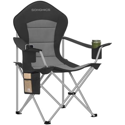 SONGMICS Chaise Pliante Camping, Siège Large, Dossier Haut, Chaise de Pêche Portable avec Porte‑Gobelet, Support pour Téléphone, Organiseur en Tissu, Noir et Gris GCB005BH01 SONGMICS Chaise Pliante Camping, Siège Large, Dossier Haut, Chaise de Pêche Portable avec Porte‑Gobelet, Support pour Téléphone, Organiseur en Tissu, Noir et Gris GCB005BH01