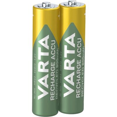 Varta Piles AAA, rechargeables, Lot de 2, Recharge Accu Recycled 800 mAh pile Ni-MH, Format HR03 1,2 V, préchargées, sans effet mémoire, en matériau recyclé à 25 %, LED-Lampe torche Varta Piles AAA, rechargeables, Lot de 2, Recharge Accu Recycled 800 mAh pile Ni-MH, Format HR03 1,2 V, préchargées, sans effet mémoire, en matériau recyclé à 25 %, LED-Lampe torche
