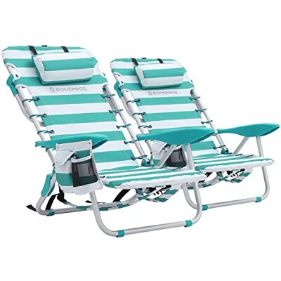 SONGMICS Ensemble de 2 Chaises de Plage Pliantes, Dossier Réglable Siège de Camping Léger, avec Bretelles, Poches Latérales, Charge 150 kg, 63 x 68 x 75 cm, Vert et Blanc, Collection SANDY SONGMICS Ensemble de 2 Chaises de Plage Pliantes, Dossier Réglable Siège de Camping Léger, avec Bretelles, Poches Latérales, Charge 150 kg, 63 x 68 x 75 cm, Vert et Blanc, Collection SANDY