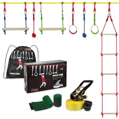 ALPIDEX Ninja Line 15 m Slackline Enfant Parcours Obstacles Anneaux Échelle de Corde, Nœuds, Filet d'Escalade, Corde, Portique, Jardin, Extérieur, Extensible, dès 3 ans ALPIDEX Ninja Line 15 m Slackline Enfant Parcours Obstacles Anneaux Échelle de Corde, Nœuds, Filet d'Escalade, Corde, Portique, Jardin, Extérieur, Extensible, dès 3 ans
