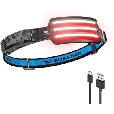 Smiling Shark TD-0123F Lampe frontale LED avec détecteur de mouvement, 2500 mAh, rechargeable, lumière blanche et rouge, projecteur et projecteur, légère, mains libres pour la pêche, le camping, la Smiling Shark TD-0123F Lampe frontale LED avec détecteur de mouvement, 2500 mAh, rechargeable, lumière blanche et rouge, projecteur et projecteur, légère, mains libres pour la pêche, le camping, la