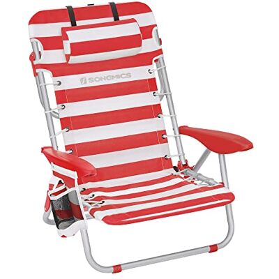 SONGMICS Chaise de Plage Pliante, Dossier Réglable, 63 x 68 x 75 cm Siège de Camping Léger, Charge 150 kg, avec Bretelles, Poches Latérales, Rouge et Blanc, Collection SANDY GCB062R01 SONGMICS Chaise de Plage Pliante, Dossier Réglable, 63 x 68 x 75 cm Siège de Camping Léger, Charge 150 kg, avec Bretelles, Poches Latérales, Rouge et Blanc, Collection SANDY GCB062R01