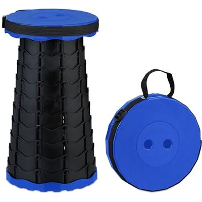 Relaxdays Tabouret télescopique, HLP : 44,5x25x25, réglable, avec bandoulière, siège rétractable, noir et bleu Relaxdays Tabouret télescopique, HLP : 44,5x25x25, réglable, avec bandoulière, siège rétractable, noir et bleu