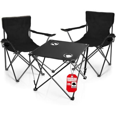 BigDean Lot de 2 chaises de camping pliables avec table de camping Noir Avec porte-gobelet et sac de transport Idéal pour le camping, les festivals et plus encore BigDean Lot de 2 chaises de camping pliables avec table de camping Noir Avec porte-gobelet et sac de transport Idéal pour le camping, les festivals et plus encore