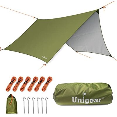 Unigear Bâche de tente imperméable, hexagonale, avec œillets, 6 piquets en aluminium + 6 cordes, bâche pour hamac, protection contre la pluie, protection solaire pour extérieur, camping, pique-nique, Unigear Bâche de tente imperméable, hexagonale, avec œillets, 6 piquets en aluminium + 6 cordes, bâche pour hamac, protection contre la pluie, protection solaire pour extérieur, camping, pique-nique,