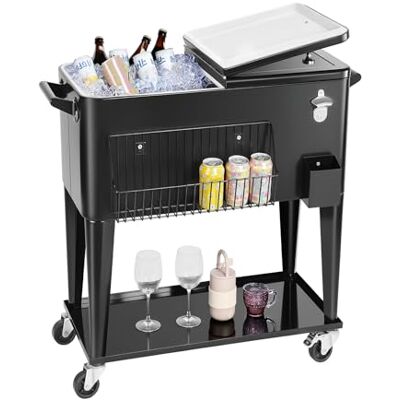 VEVOR Glacière à roulettes Isotherme Contenance de 75,71 L 50 Bouteilles/110 Canettes, Chariot Bar Extérieur avec Étagère Inférieure, Panier Latéral et Décapsuleur, pour Boissons Fraîches, Noir VEVOR Glacière à roulettes Isotherme Contenance de 75,71 L 50 Bouteilles/110 Canettes, Chariot Bar Extérieur avec Étagère Inférieure, Panier Latéral et Décapsuleur, pour Boissons Fraîches, Noir
