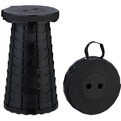 Relaxdays Tabouret télescopique, pliable, avec sangle de transport, pour extérieur, hauteur réglable, 44,5 x 25 x 25 cm, noir Relaxdays Tabouret télescopique, pliable, avec sangle de transport, pour extérieur, hauteur réglable, 44,5 x 25 x 25 cm, noir