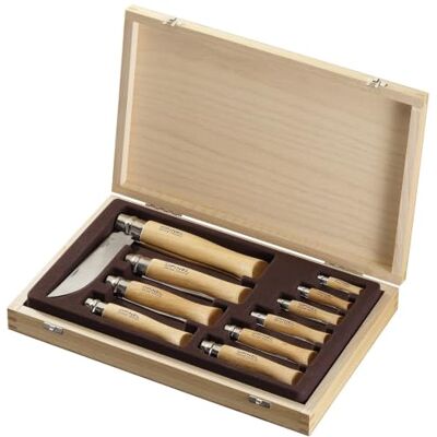 OPINEL La Collection 10 Couteaux Inox Couteaux Collection Couteaux Pliants N°02 à N°12 Lame Yatagan Inox & Manche en bois de Hêtre Coffret en Chêne OPINEL La Collection 10 Couteaux Inox Couteaux Collection Couteaux Pliants N°02 à N°12 Lame Yatagan Inox & Manche en bois de Hêtre Coffret en Chêne