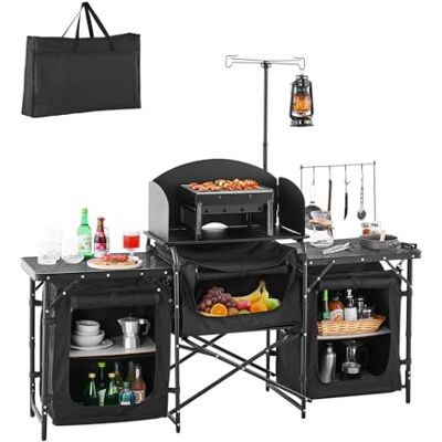 VEVOR Cuisine de camping portable en aluminium, table de camping en plein air, avec 3 placards de rangement, sac de transport, pare-brise amovible, installation rapide pour barbecue, pique-nique, noir VEVOR Cuisine de camping portable en aluminium, table de camping en plein air, avec 3 placards de rangement, sac de transport, pare-brise amovible, installation rapide pour barbecue, pique-nique, noir
