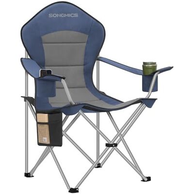SONGMICS Chaise Pliante Camping, Siège Large, Dossier Haut, Chaise de Pêche Portable avec Porte‑Gobelet, Support pour Téléphone, Organiseur en Tissu, Bleu et Gris GCB005QE01 SONGMICS Chaise Pliante Camping, Siège Large, Dossier Haut, Chaise de Pêche Portable avec Porte‑Gobelet, Support pour Téléphone, Organiseur en Tissu, Bleu et Gris GCB005QE01