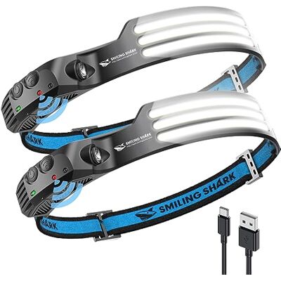 Smiling Shark Lampe Frontale, 2 Pièces 230°Angle Large 3*LED Bandes Lumineuses Blanches Headlight Rechargeable avec Capteur de Motion Étanche pour Activités Outdoor, Lampe-Frontale-LED-Camping Smiling Shark Lampe Frontale, 2 Pièces 230°Angle Large 3*LED Bandes Lumineuses Blanches Headlight Rechargeable avec Capteur de Motion Étanche pour Activités Outdoor, Lampe-Frontale-LED-Camping