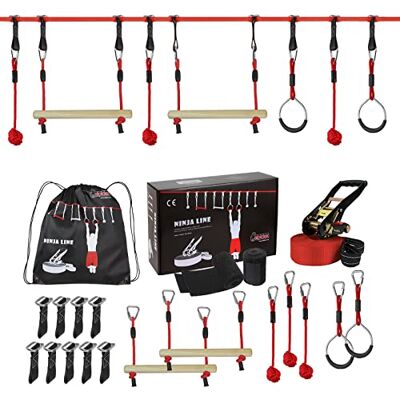 ALPIDEX Ninja Parcours Slackline Obstacles pour jeunes adultes 15 m Anneaux, poteaux en bois, mousquetons, jardin, parc, extérieur, sac de transport, 2 tonnes, équilibre, entraînement ALPIDEX Ninja Parcours Slackline Obstacles pour jeunes adultes 15 m Anneaux, poteaux en bois, mousquetons, jardin, parc, extérieur, sac de transport, 2 tonnes, équilibre, entraînement
