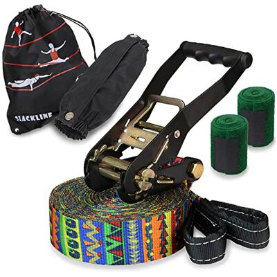 ALPIDEX Slackline Kit de 15 m avec protection d'arbre à cliquet Trickline Bande d'équilibrage débutant Jumpline Ethnique 5 cm 2 tonnes Jardin Arbre Slake Outdoor Balance ALPIDEX Slackline Kit de 15 m avec protection d'arbre à cliquet Trickline Bande d'équilibrage débutant Jumpline Ethnique 5 cm 2 tonnes Jardin Arbre Slake Outdoor Balance